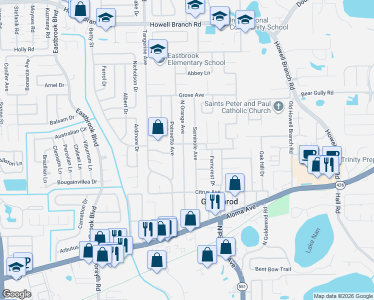 map of restaurants, bars, coffee shops, grocery stores, and more near 5156 Seminole Avenue in Winter Park