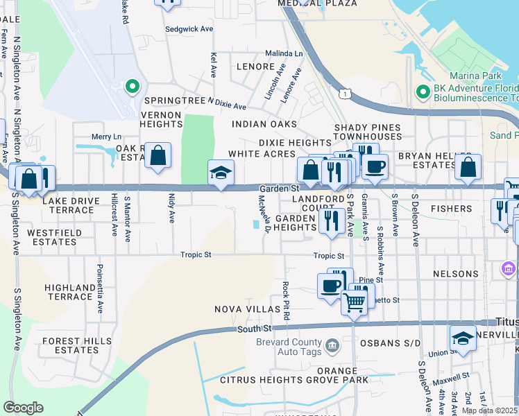 map of restaurants, bars, coffee shops, grocery stores, and more near 118 McNeela Drive in Titusville