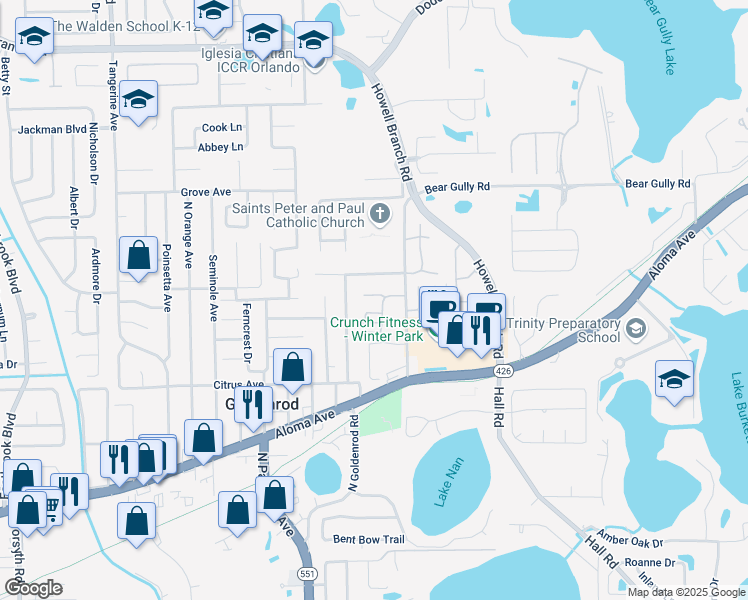 map of restaurants, bars, coffee shops, grocery stores, and more near 5160 Lazy Oaks Drive in Winter Park