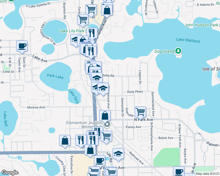 map of restaurants, bars, coffee shops, grocery stores, and more near 1566 Ridgewood Avenue in Maitland