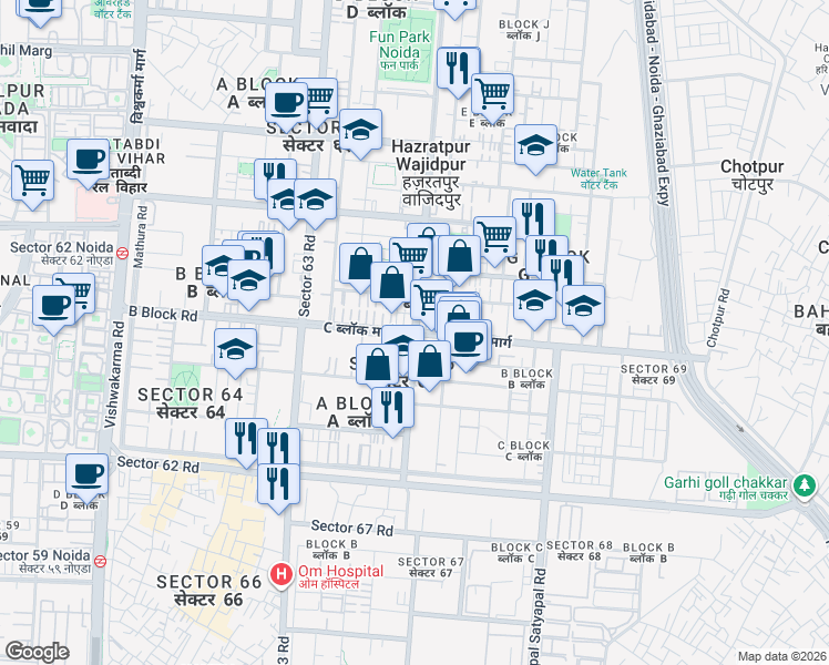 map of restaurants, bars, coffee shops, grocery stores, and more near B Block Road in Noida
