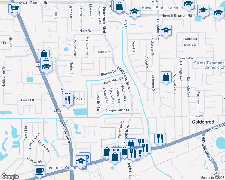 map of restaurants, bars, coffee shops, grocery stores, and more near 1724 Peruvian Lane in Winter Park