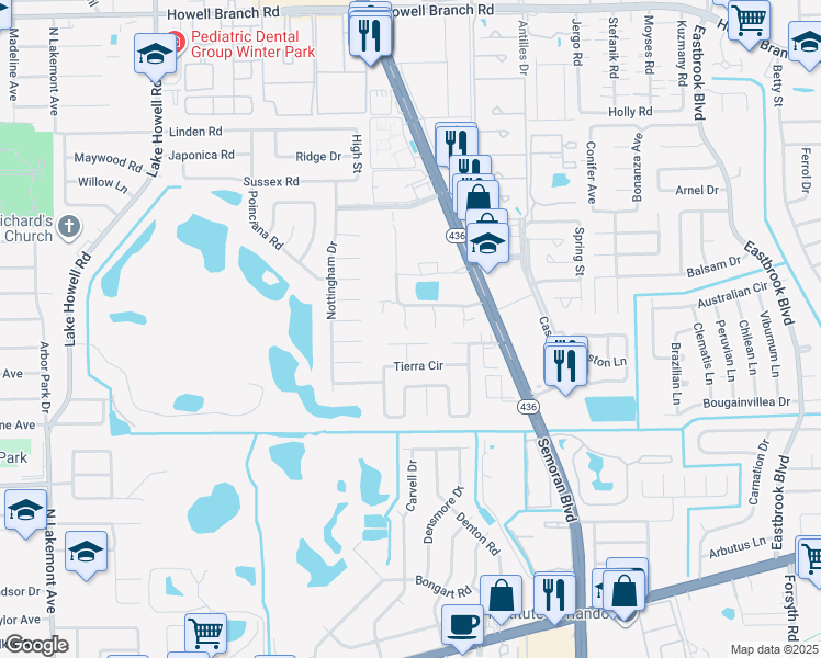 map of restaurants, bars, coffee shops, grocery stores, and more near 1712 Winter Green Boulevard in Winter Park