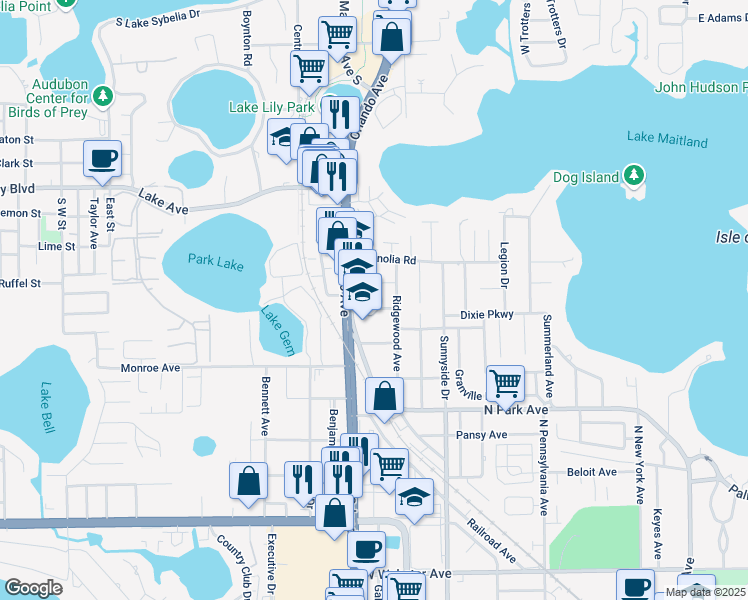 map of restaurants, bars, coffee shops, grocery stores, and more near 155 Orange Place in Maitland