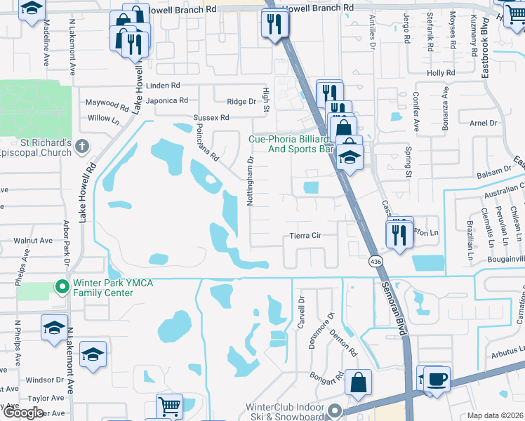 map of restaurants, bars, coffee shops, grocery stores, and more near 2215 King Charles Court in Winter Park