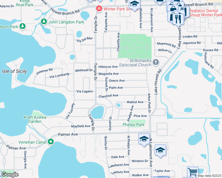 map of restaurants, bars, coffee shops, grocery stores, and more near 1700 Sunset Drive in Winter Park