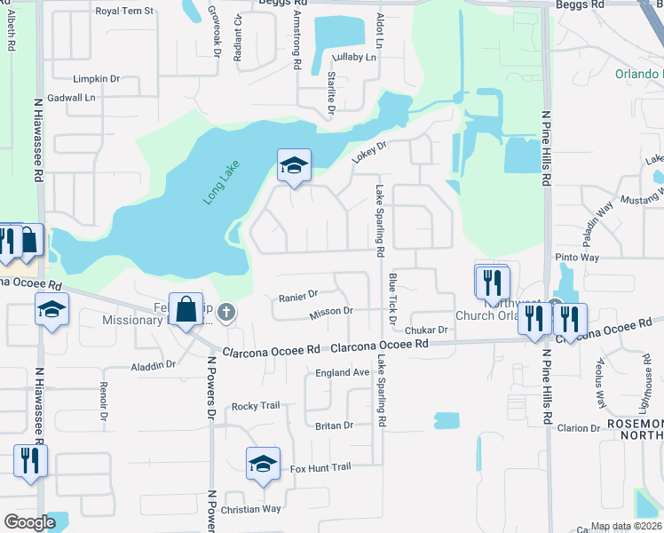 map of restaurants, bars, coffee shops, grocery stores, and more near 5599 Long Lake Drive in Orlando