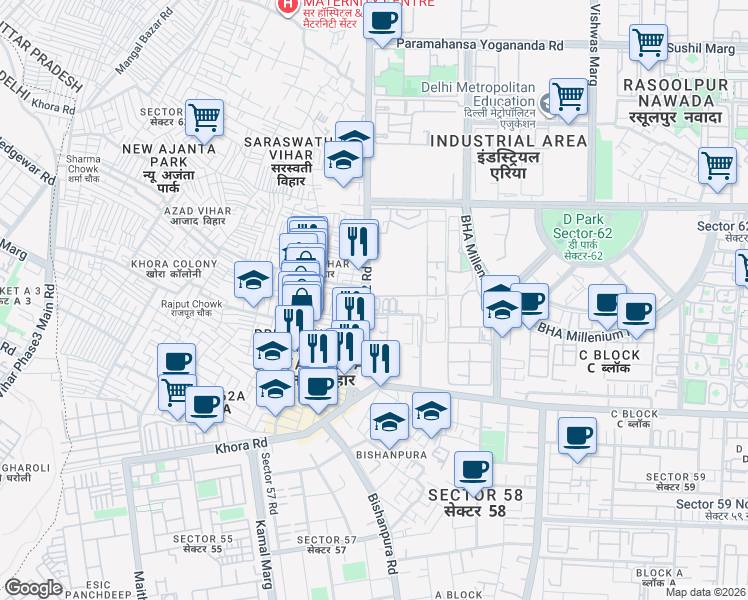 map of restaurants, bars, coffee shops, grocery stores, and more near in Noida