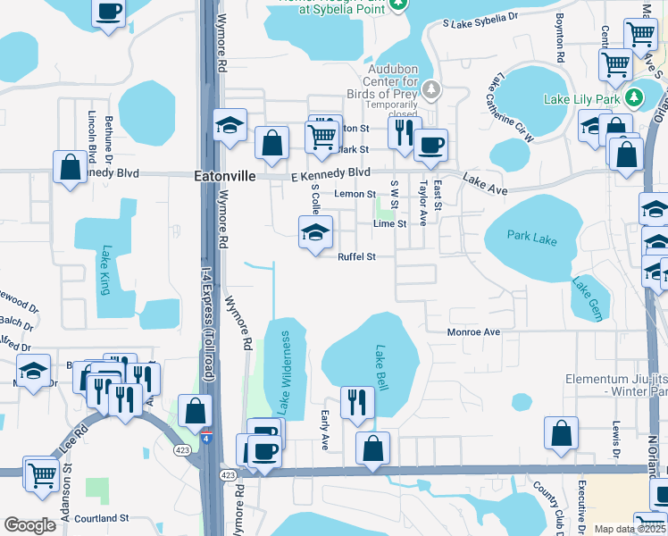 map of restaurants, bars, coffee shops, grocery stores, and more near 230 Ruffel Street in Eatonville