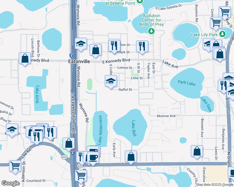 map of restaurants, bars, coffee shops, grocery stores, and more near 230 Ruffel Street in Eatonville