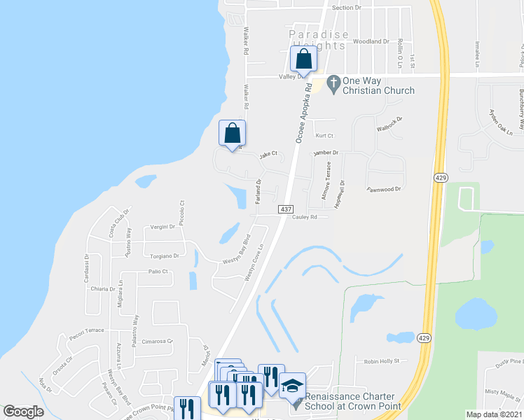 map of restaurants, bars, coffee shops, grocery stores, and more near 3141 Farland Drive in Ocoee