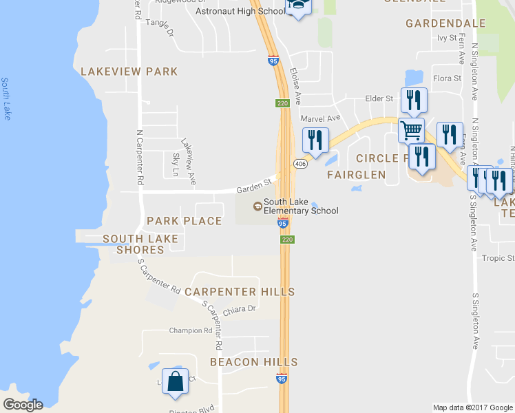 map of restaurants, bars, coffee shops, grocery stores, and more near 3755 Garden Street in Titusville