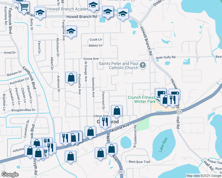 map of restaurants, bars, coffee shops, grocery stores, and more near 7413 Fieldcrest Avenue in Winter Park