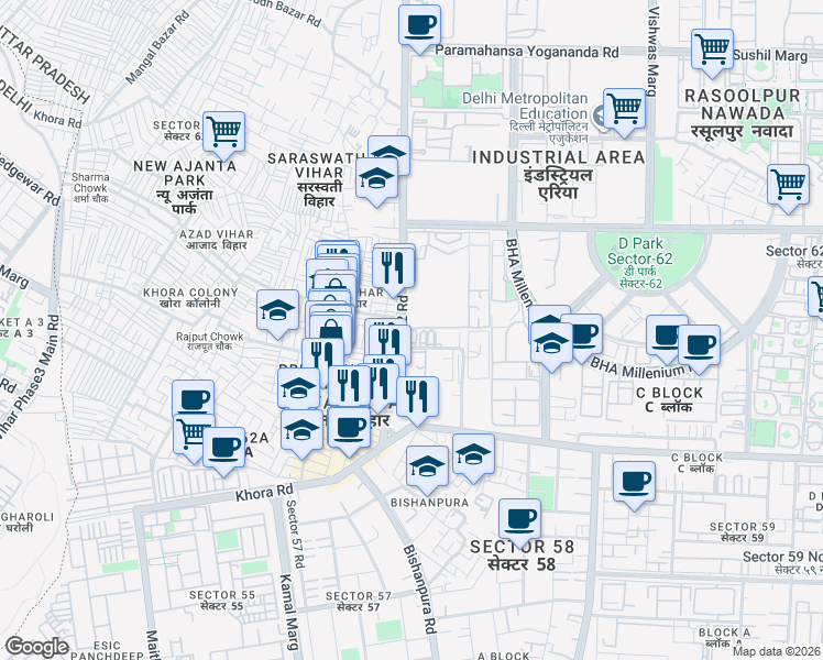 map of restaurants, bars, coffee shops, grocery stores, and more near in Noida