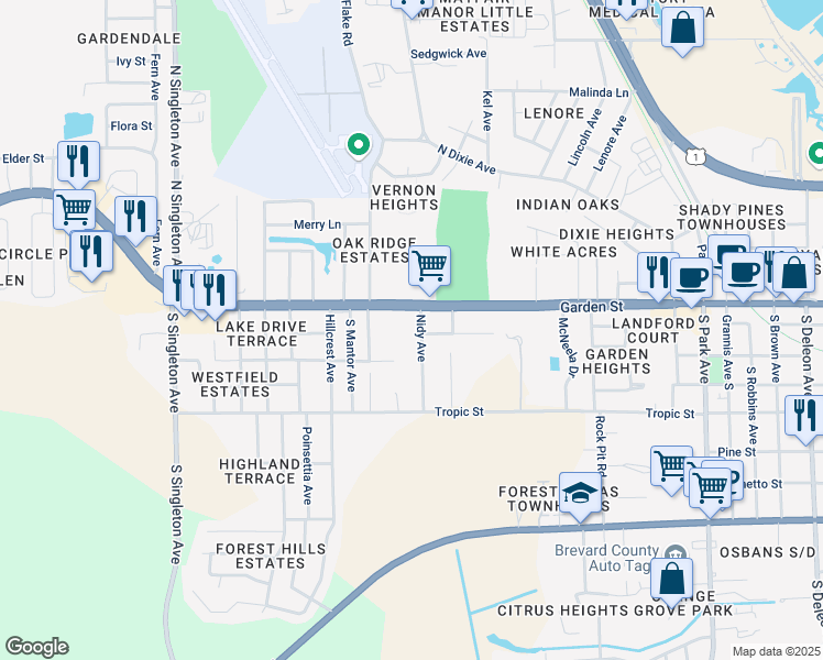 map of restaurants, bars, coffee shops, grocery stores, and more near 2280 Grove Street in Titusville