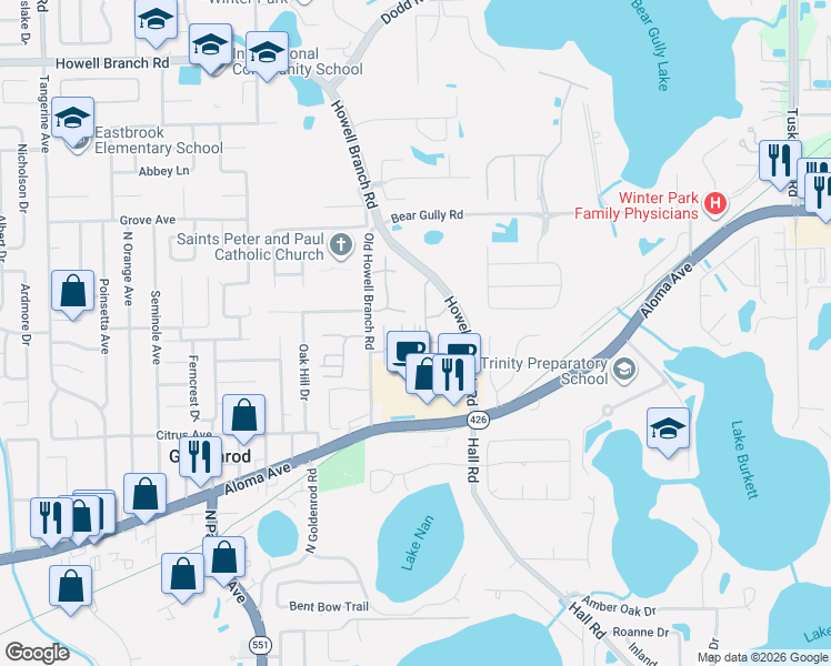 map of restaurants, bars, coffee shops, grocery stores, and more near 7790 Country Place in Winter Park