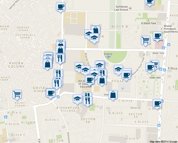map of restaurants, bars, coffee shops, grocery stores, and more near JSS Boys Hostel Road in Noida
