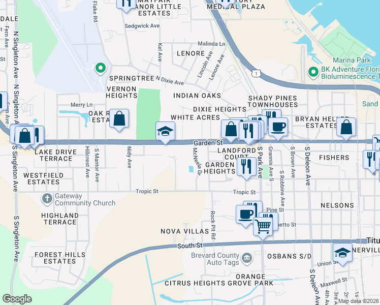 map of restaurants, bars, coffee shops, grocery stores, and more near 110 McNeela Drive in Titusville