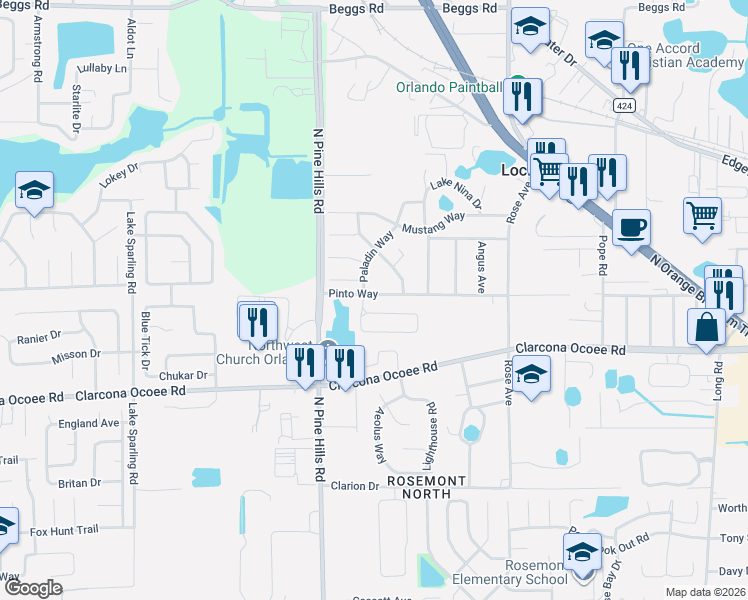 map of restaurants, bars, coffee shops, grocery stores, and more near 5554 Regal Oak Circle in Orlando