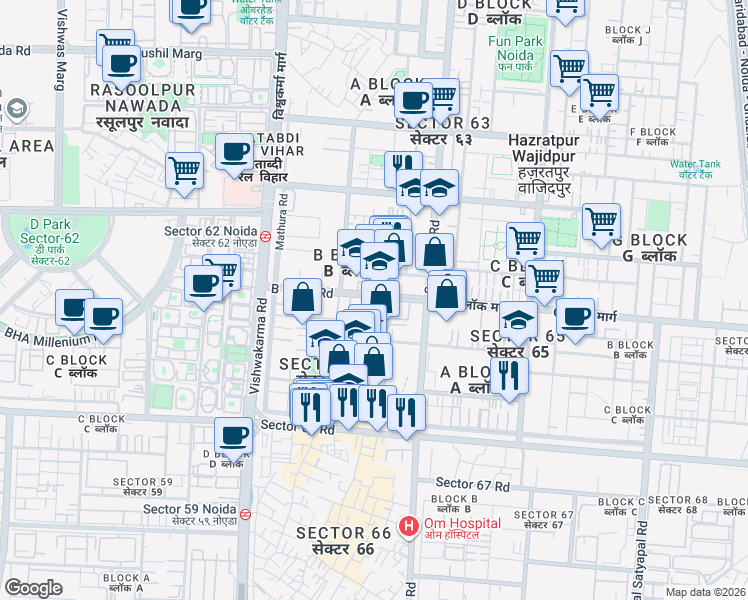map of restaurants, bars, coffee shops, grocery stores, and more near Sector 64 Road in Noida