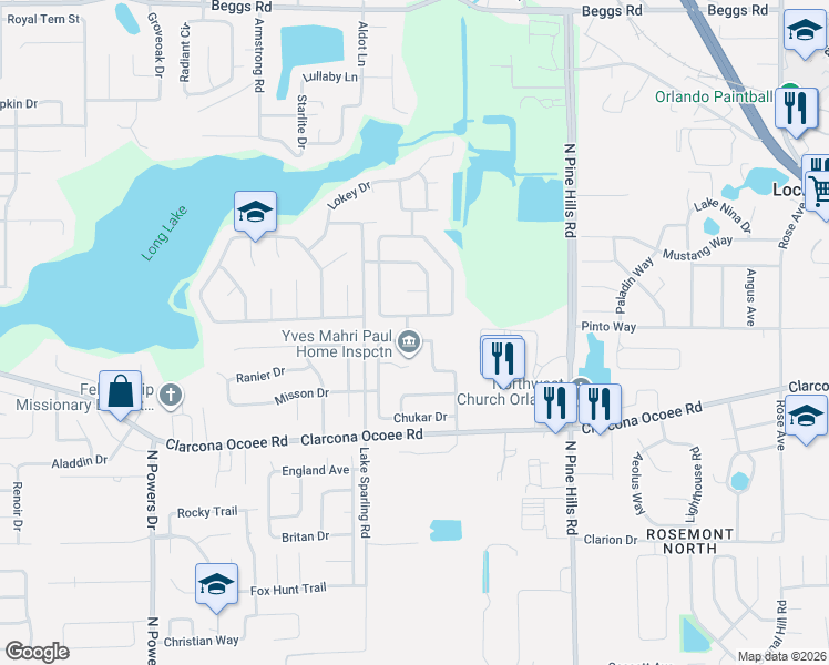 map of restaurants, bars, coffee shops, grocery stores, and more near 5578 Red Bone Lane in Orlando