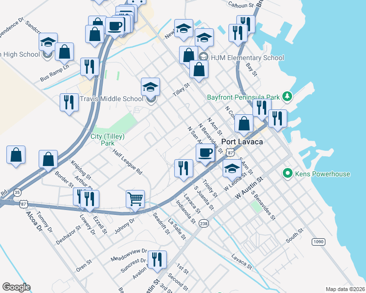 map of restaurants, bars, coffee shops, grocery stores, and more near 609 West Mahan Street in Port Lavaca