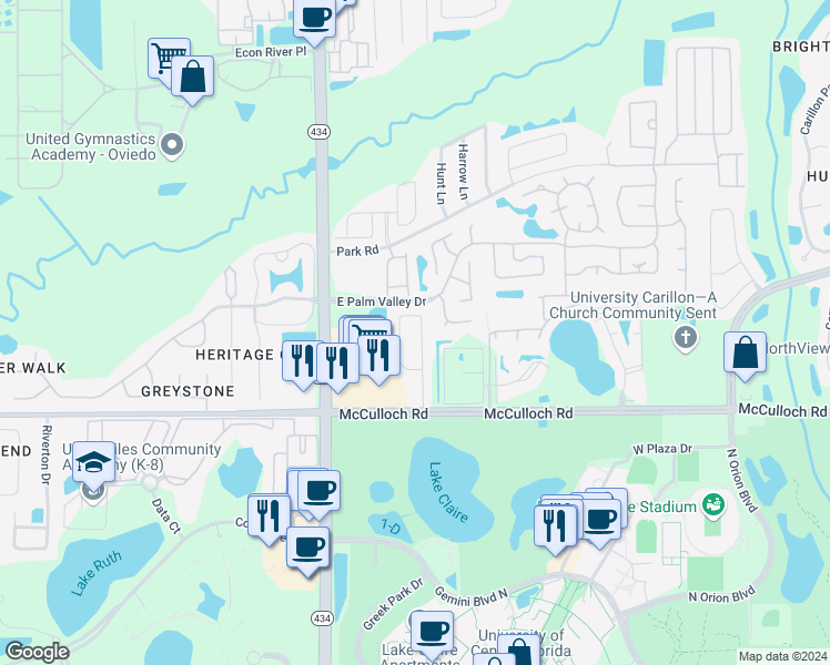 map of restaurants, bars, coffee shops, grocery stores, and more near 4218 Shadow Creek Circle in Oviedo