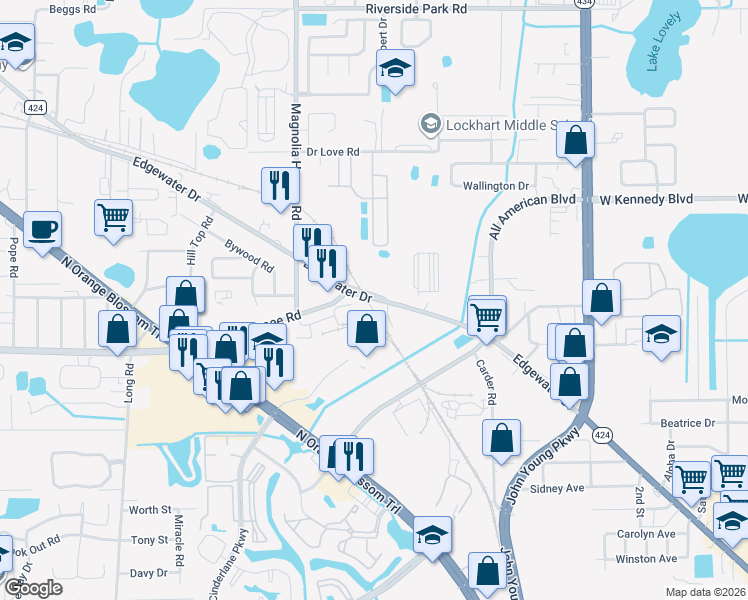 map of restaurants, bars, coffee shops, grocery stores, and more near Edgewater Drive in Orlando