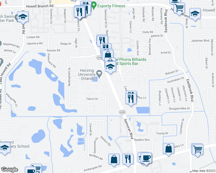 map of restaurants, bars, coffee shops, grocery stores, and more near 1508 Winter Green Boulevard in Winter Park