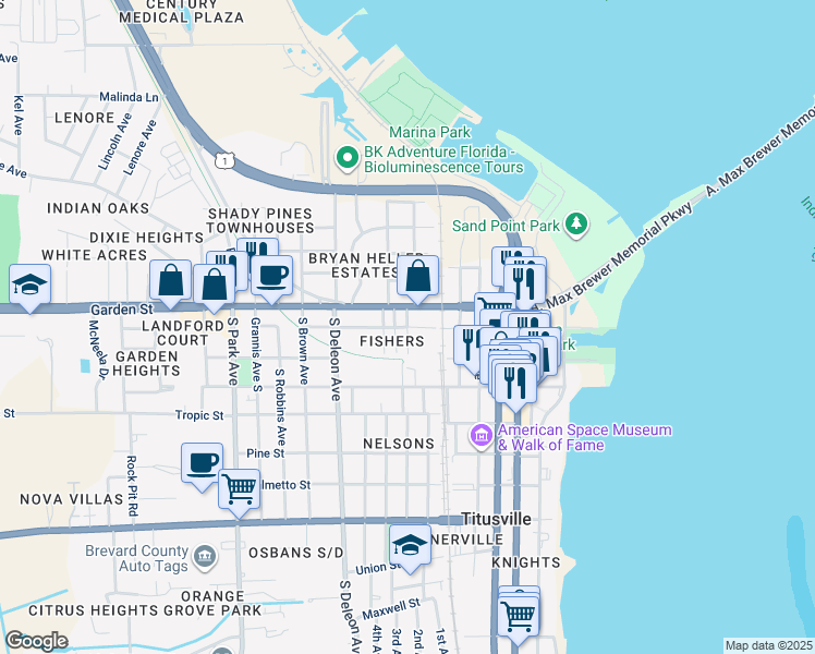 map of restaurants, bars, coffee shops, grocery stores, and more near 598 Orange Street in Titusville
