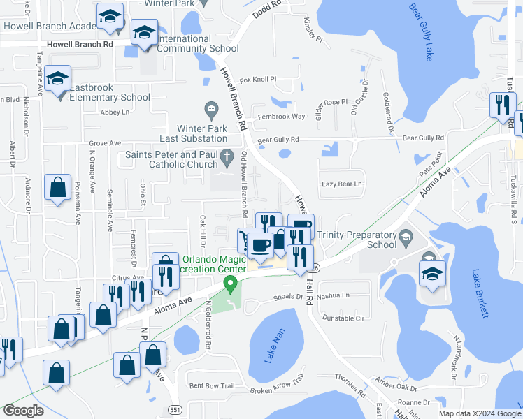 map of restaurants, bars, coffee shops, grocery stores, and more near 7750 Country Place in Winter Park