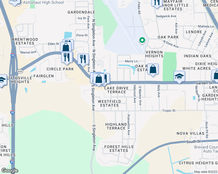 map of restaurants, bars, coffee shops, grocery stores, and more near 105 South Hilltop Drive in Titusville