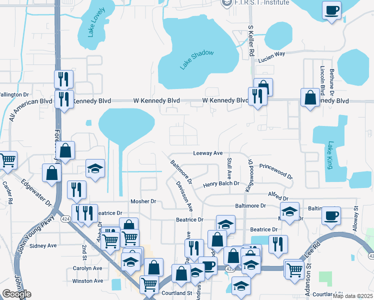 map of restaurants, bars, coffee shops, grocery stores, and more near 5718 Eggleston Avenue in Orlando