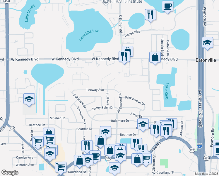 map of restaurants, bars, coffee shops, grocery stores, and more near 5618 Stull Avenue in Orlando