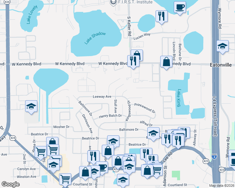 map of restaurants, bars, coffee shops, grocery stores, and more near 5618 Stull Avenue in Orlando