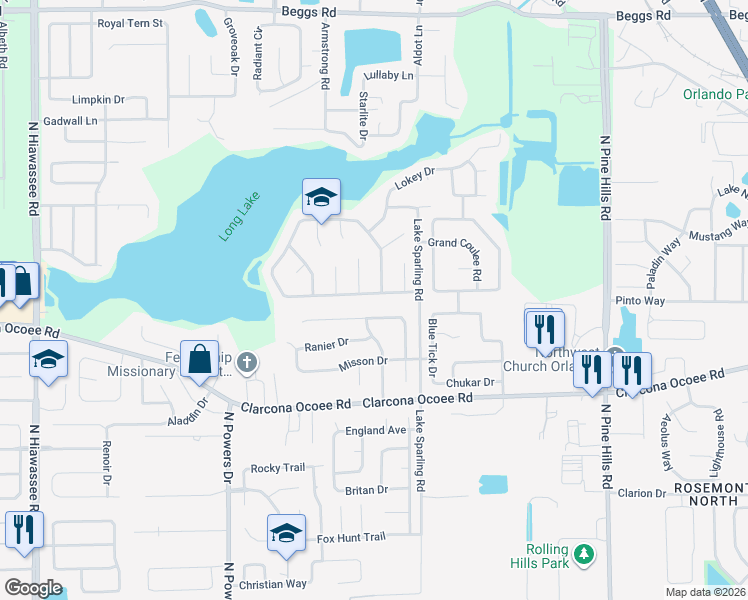 map of restaurants, bars, coffee shops, grocery stores, and more near 5709 Lakefield Court in Orlando