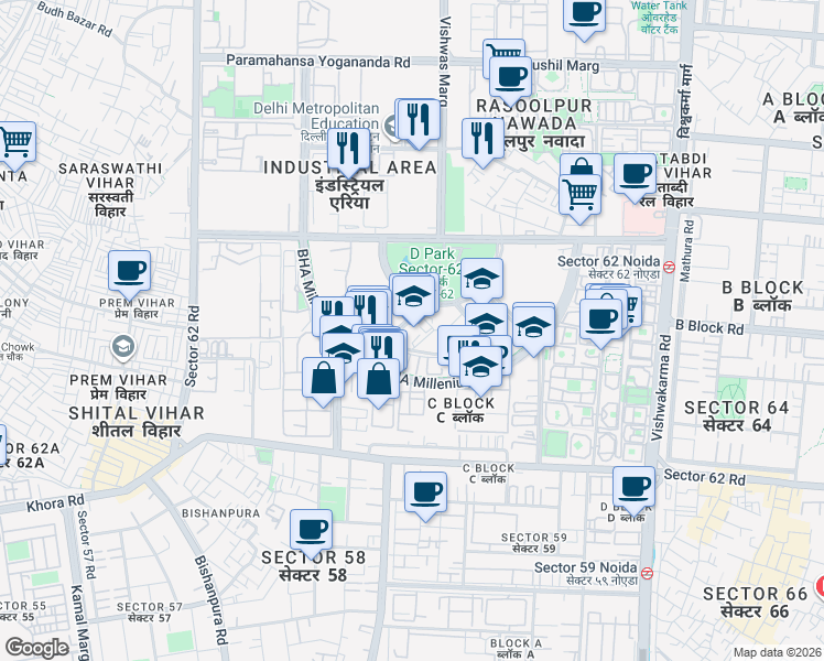 map of restaurants, bars, coffee shops, grocery stores, and more near C56A/1 Bhamlle Nium Tower Road in Noida