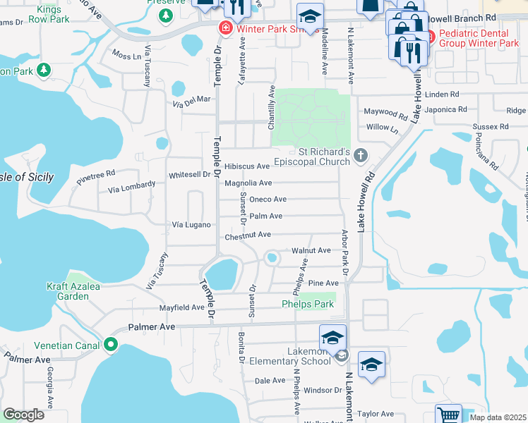 map of restaurants, bars, coffee shops, grocery stores, and more near 1531 Oneco Avenue in Winter Park