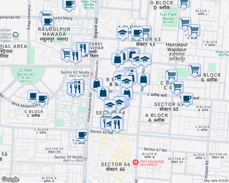 map of restaurants, bars, coffee shops, grocery stores, and more near B Block Road in Noida