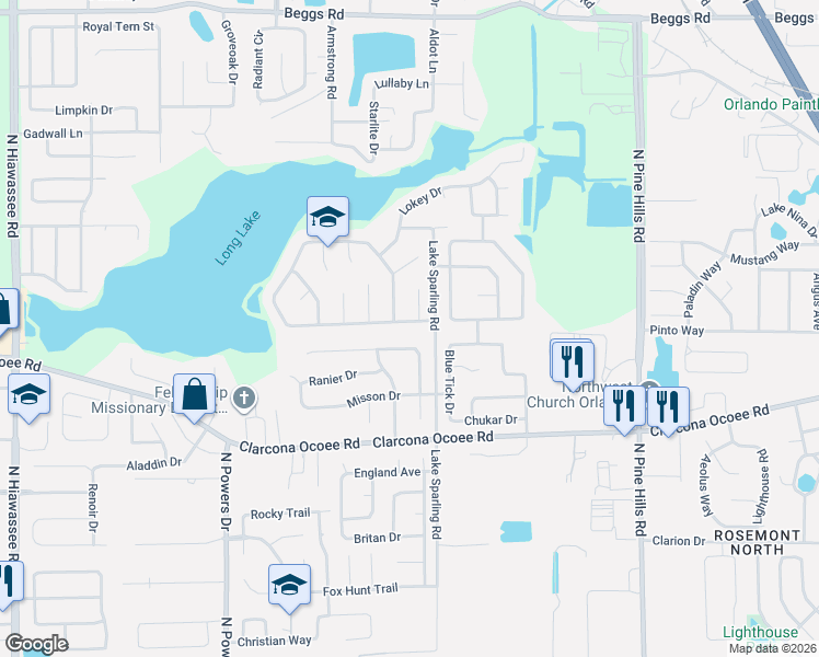 map of restaurants, bars, coffee shops, grocery stores, and more near 5716 Long Park Court in Orlando