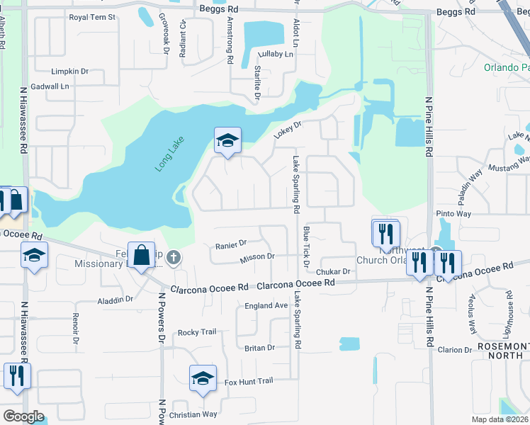 map of restaurants, bars, coffee shops, grocery stores, and more near 5709 Lakefield Court in Orlando