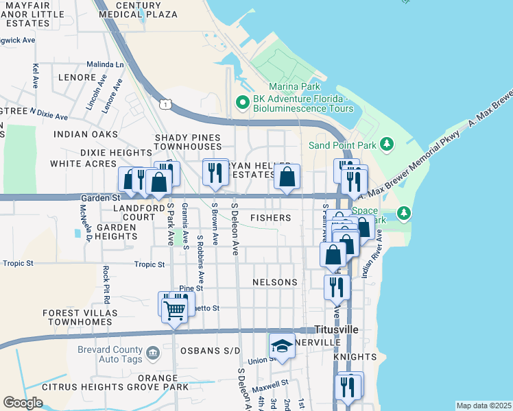 map of restaurants, bars, coffee shops, grocery stores, and more near 714 Orange Street in Titusville