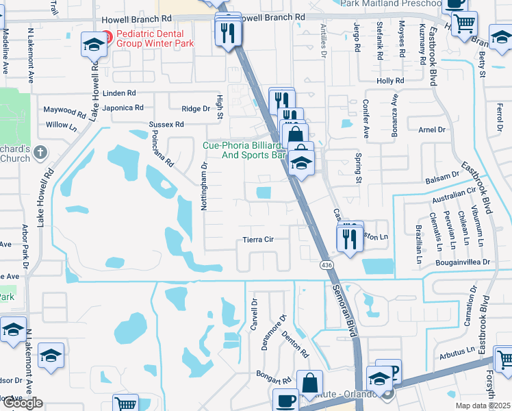 map of restaurants, bars, coffee shops, grocery stores, and more near 1701 Winter Green Boulevard in Winter Park
