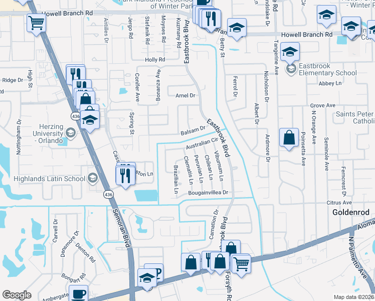 map of restaurants, bars, coffee shops, grocery stores, and more near 3411 Australian Circle in Winter Park