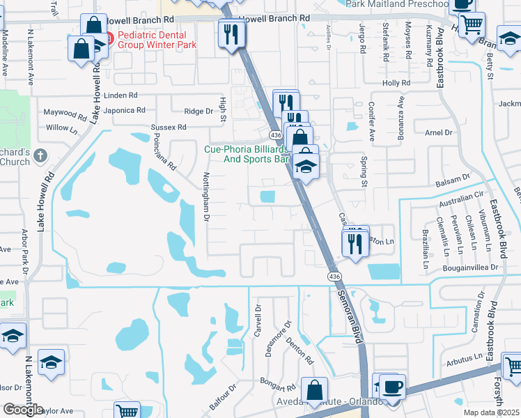 map of restaurants, bars, coffee shops, grocery stores, and more near 1701 Winter Green Boulevard in Winter Park