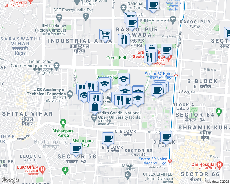 map of restaurants, bars, coffee shops, grocery stores, and more near in Noida