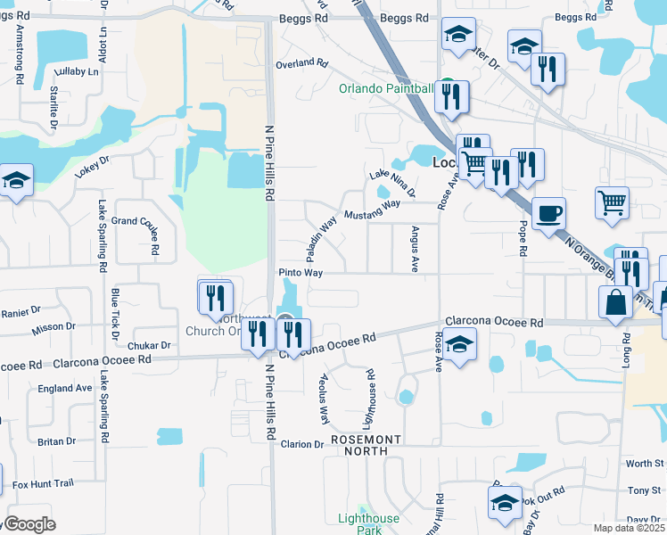map of restaurants, bars, coffee shops, grocery stores, and more near 5411 Pinto Way in Orlando