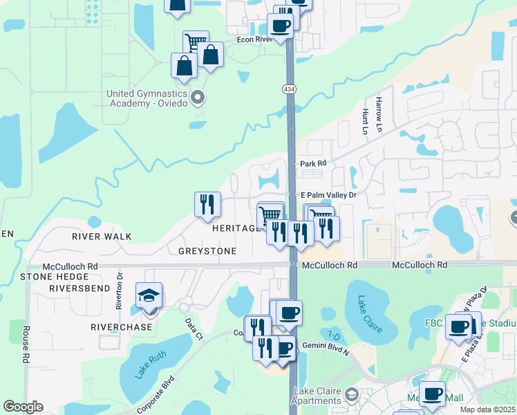 map of restaurants, bars, coffee shops, grocery stores, and more near 160 Reserve Circle in Oviedo