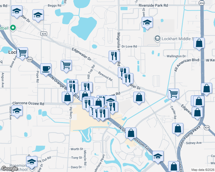 map of restaurants, bars, coffee shops, grocery stores, and more near 6413 Ramir Road in Orlando