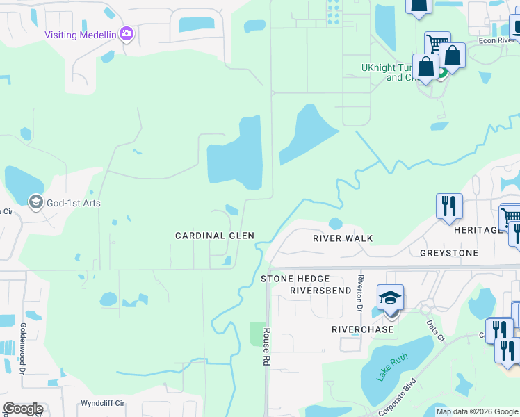 map of restaurants, bars, coffee shops, grocery stores, and more near 4005 Iron Bridge Road in Oviedo